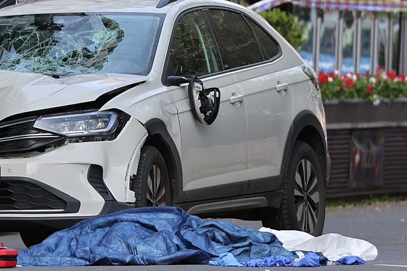 A damaged car that crashed into several people in Leipzig, 4 May, 2026