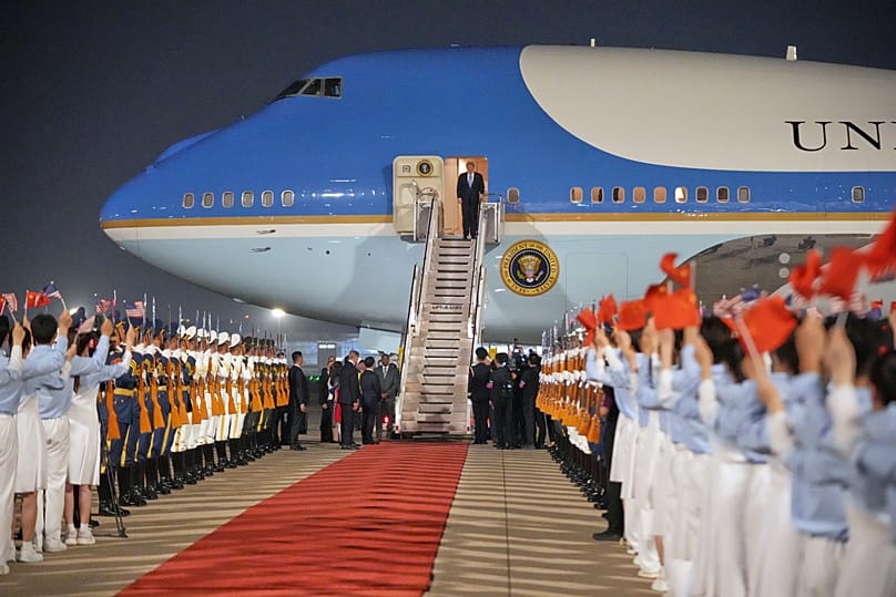 US President Donald Trump steps out of Air Force One in Beijing, 13 May, 2026