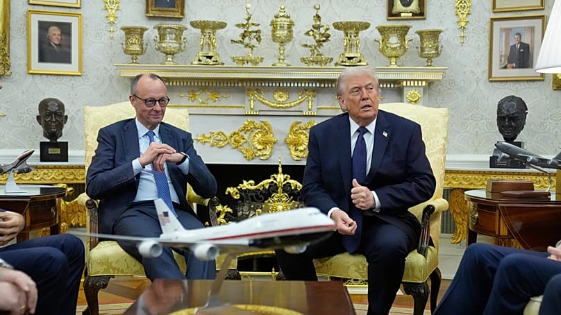 President Donald Trump meets with German Chancellor Friedrich Merz in the Oval Office at the White House, Tuesday, March 3, 2026, in Washington.