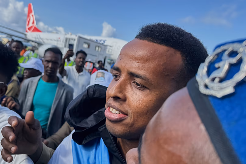 Referee Omar Artan is welcomed by supporters upon his arrival in Mogadishu, 10 June, 2026