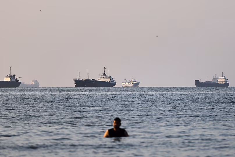 A person stands on shallow water as cargo and commercial vessels are anchored in the Strait of Hormuz off Bandar Abbas, 8 June, 2026