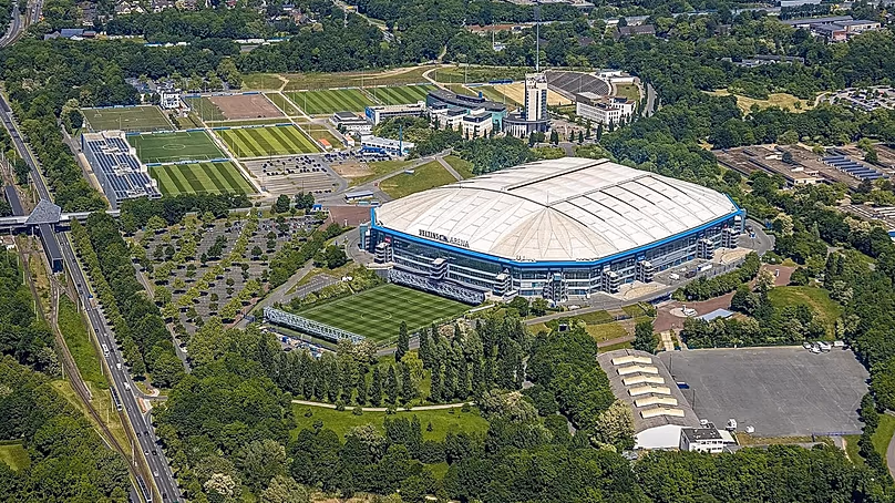 An aerial view of the Veltins-Arena. Hidden underground are several kilometres of stainless-steel pipes: the beer pipeline.