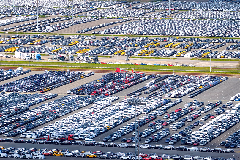 Cars are parked to be loaded at the port of Emden, 23 April, 2026