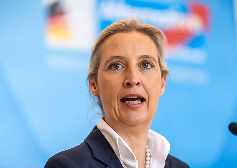 The AfD’s Alice Weidel speaks before the start of the parliamentary group meeting in the German parliament in Berlin, 21 April, 2026