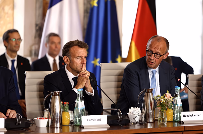 Chancellor Merz and French President Macron attend the plenary session of the Franco-German Ministerial Council at Augustusburg Palace in Brühl, Germany, Friday, July 17, 2026
