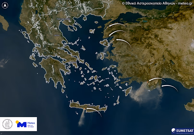 Satellite image of smoke from the fires in Crete and Turkey from Meteosat-12 on 29/07/2026 at 17:30.