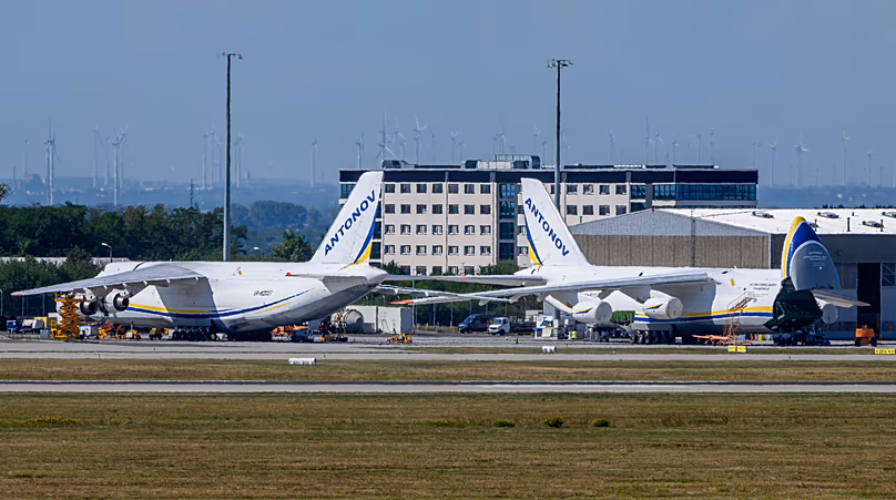 Ukrainian Antonov aircraft parked on the grounds of Leipzig/Halle Airport, 6 August, 2026