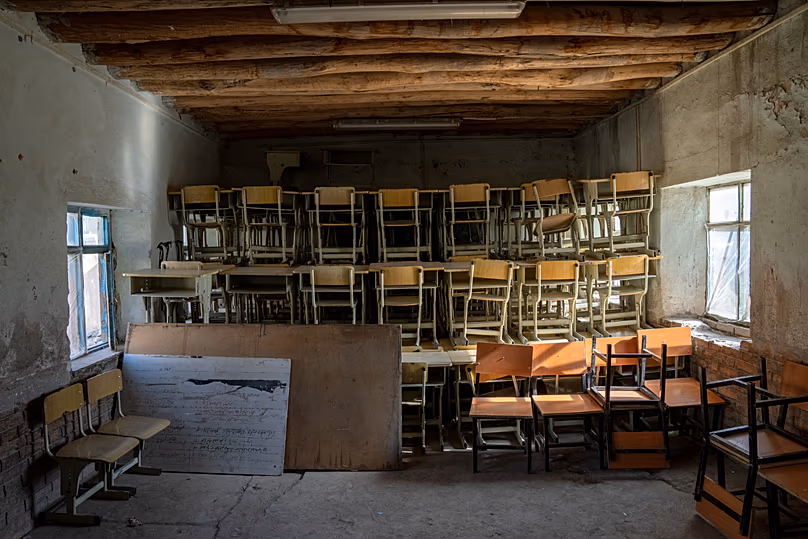 A classroom that previously was used for girls sits empty in Kabul, 22 December, 2022