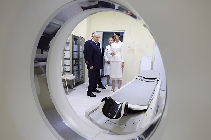 Russian President Vladimir Putin visits the central district hospital at Kitovoye village on Iturup, the largest of the disputed Kuril Islands, on Thursday, Aug. 13, 2026