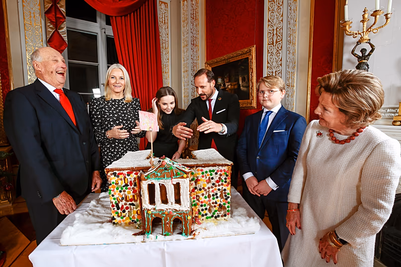 From left, King Harald, Crown Princess Mette-Marit, Princess Ingrid Alexandra, Crown Prince Haakon, Prince Sverre Magnus and Queen Sonja in Oslo in 2019.