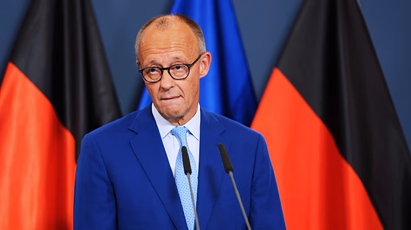 German Chancellor Friedrich Merz speaks to media at the Christian Democratic Union party headquarters in Berlin, Germany, Sunday, Sept. 20, 2026.