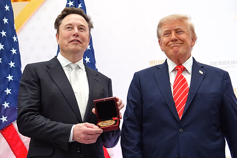 FILE. US President Donald Trump presents the National Medal of Science to Elon Musk during an event at the US Institute of Peace in Washington, 8 Oct. 2026