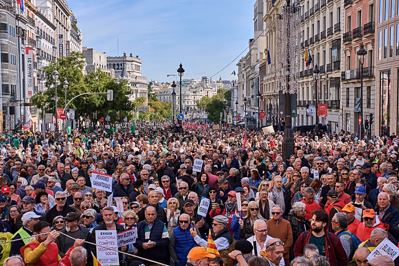 Pensioners and supporters march to defend their retirement rights in Madrid, Spain, Saturday, Oct. 24, 2026. (AP Photo/Bernat Armangue)